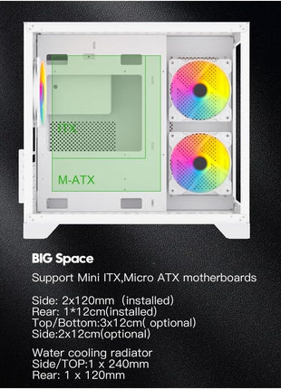 DIYPC ARGB-Q3.R2-W White USB3.0 / Type C Tempered Glass Micro ATX Gaming Computer Case w/Dual Tempered Glass Panel and 3 x ARGB Fans (Pre-Installed)