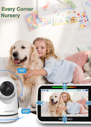 HelloBaby 5 Inch Video Baby Monitor with Camera and Audio, Remote Pan-Tilt-Zoom Camera with Night Vision, 2-Way Talk, Temperature, 8 Lullabies and 1000ft Range Baby Monitor No WiFi Needed