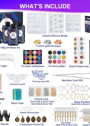 KISREL UV Resin Jewelry Making Kit, 300g Crystal Clear Resin with Light and Molds, DIY Jewelry Making Kit, Resina Starter Kits for Keychain and Earring