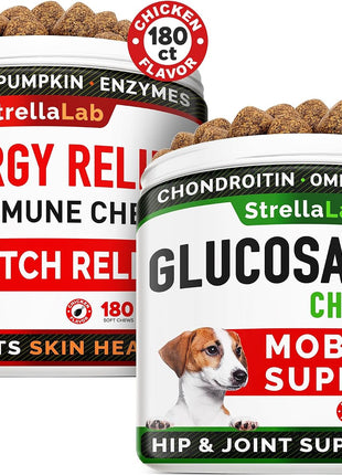 Allergy Relief + Glucosamine Dogs Bundle - Itchy Skin Treatment + Joint Pain Relief - Omega 3 & Pumpkin + Prebiotics - Dogs Itching & Licking Treats + Hip & Joint Care - 360 Chews - Made in USA