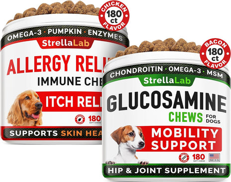 Allergy Relief + Glucosamine Dogs Bundle - Itchy Skin Treatment + Joint Pain Relief - Omega 3 & Pumpkin + Prebiotics - Dogs Itching & Licking Treats + Hip & Joint Care - 360 Chews - Made in USA