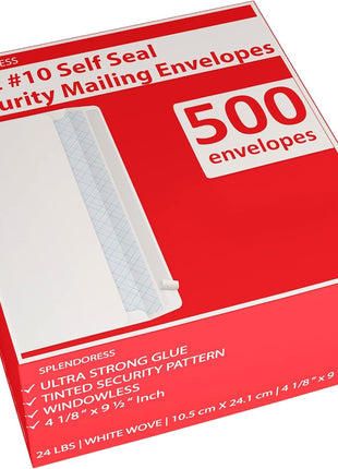 #10 Envelopes Letter Size Self Seal | 500 Business Mailing Security Peel and Sealing Envelope | 100% Tinted | no 10 White Windowless Legal Regular Plain Envelops Pack | 4-1/8 x 9-1/2 Inches | 24 LB