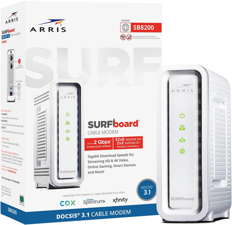 ARRIS (SB8200) - Cable Modem - Fast DOCSIS 3.1 32x8 Gigabit Cable Modem , Approved for Comcast Xfinity, Cox, Charter Spectrum, & more | 1 Gbps Max Internet Speed, 4 OFDM Channels - (No Built-in Wifi)