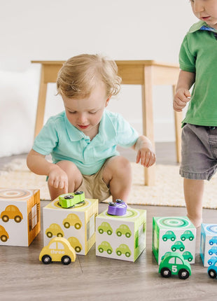 Melissa & Doug Nesting and Sorting Garages and Cars with 7 Graduated Garages and 7 Stackable Wooden Cars - FSC Certified