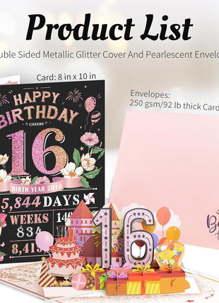16th Birthday Card for Women Her, Large 3D Pop Up 16th Birthday cards for Mom Wife, Happy 16 Year Old Birthday Decorations for Grandma, Mother, Daughter Funny Birthday Gifts, Back to 2010, Pink