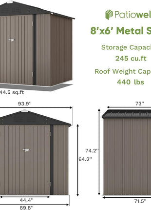 Patiowell 8x6 FT Outdoor Storage Shed, Metal Tool shed & Outdoor Storage with Lockable Doors & Air Vents, for Backyard Garden Patio, Brown