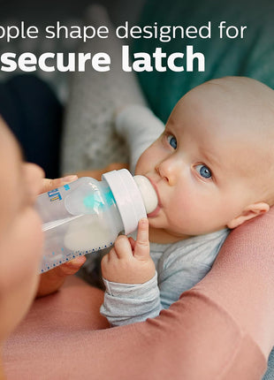 Philips Avent Anti-Colic Baby Bottle with AirFree Vent, Medium Flow, 9 oz | For Ages 1 Month+, Reduces Colic, Gas & Reflux, Flow 2 Nipple with Secure Latch System, BPA-Free, 4-Pack, Clear, SCY703/04