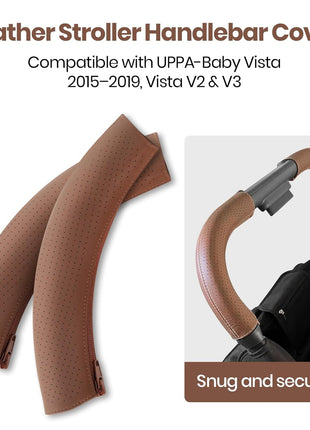 Leather Stroller Handlebar Cover Compatible with UPPA-Baby Vista 2015â€“2019, Vista V2 & V3 â€“ 100% Natural Leather Grip Sleeve with Zipper, Perforated Anti-Slip Design, Easy Install Stroller Accessory