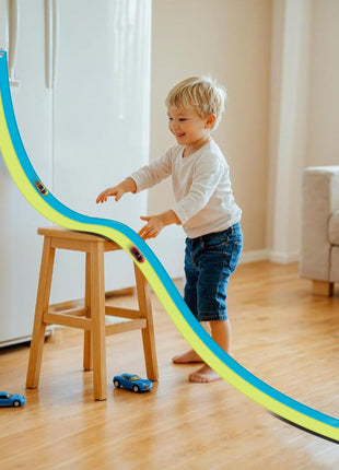 Flex Tracks 15 Ft for Kids Starter Set, Flexible Race Car Ramp Track with Suction Cups Compatible with Diecast 1/64th Cars for Ages 3 & Up (Green & Blue)