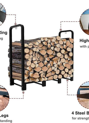 Artibear Firewood Rack Stand 4ft Heavy Duty Logs Holder for Outdoor Indoor Fireplace Metal Wood Pile Storage Stacker Organizer, Matte Black
