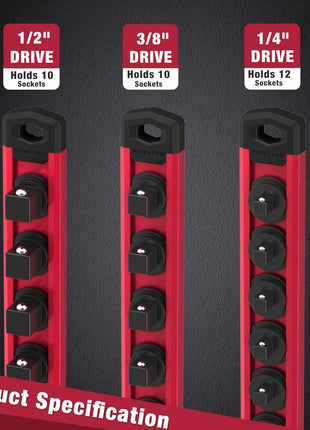 WORKPRO Magnetic Socket Organizer, Heavy Duty 3/8-Inch Drive Socket Rail | 1 Piece Socket Holder with 10 Spots, Aluminum Alloy, Rotatable & Movable Clips, Efficient Organization
