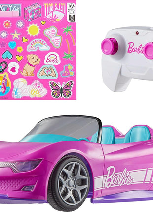 Hot Wheels Barbie RC Toy Car, Remote-Control Pink Convertible, Can Hold 2 Barbie Fashion Dolls & Trunk Opens for Storage, Sticker Sheet for Customizing