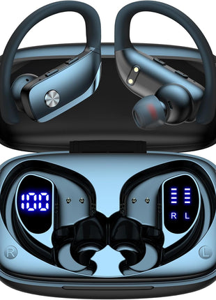 bmani Ear Buds Wireless Earbuds Bluetooth Headphones with 80H Playtime LED Display Case, Over-Ear Hook with Mic, Stereo Sound, Easy Button Controls, Sports Earphones for Running Workout Gym Black