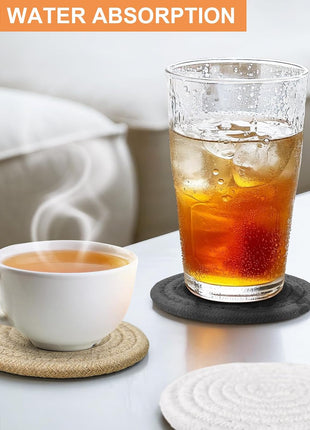 12 Pcs Cotton Woven Coasters for Drinks with Basket (Grey) | 4.3" absorbent cotton woven coasters with 0.35" thick design; helps protect wooden tables from heat, moisture and cup marks