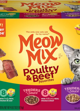 Meow Mix Tender Favorites Poultry & Beef Variety Pack, Wet Cat Food, 2.75 oz Cup (24 Pack)