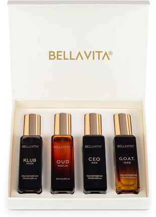 Bella Vita Luxury Long Lasting Perfume Gift Set for Man | 4x20ml | Gifts for Men | Woody, Citrusy, Oud, Premium Fragrance Scent | KLUB, OUD, CEO, G.O.A.T