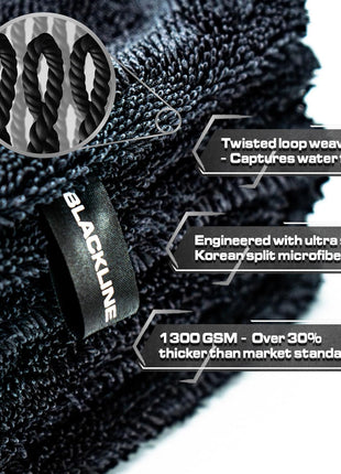 Blackline 24 inchx36 inch Twisted-Loop Car Drying Towel, 1300GSM, Streak Free, Lint Free, Reusable - Car Accessories, Microfiber Cleaning Cloth for Car, Truck, SUV - One Pass is All You Need