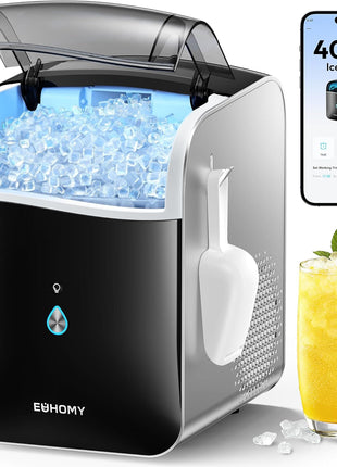 EUHOMY Smart Nugget Ice Maker Countertop, Pebble Ice Maker Machine with APP/Alexa Control, 40lbs/24H, Ready in 7 Mins, Self-Cleaning, Portable Sonic Ice Makers with Hanging Ice Scoop for Home/Office