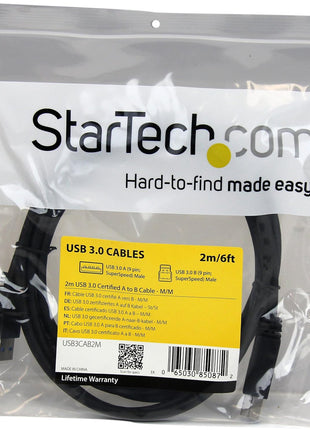 StarTech.com 2m 6 ft Certified SuperSpeed USB 3.0 A to B Cable Cord - USB 3 Cable - 1x USB 3.0 A (M), 1x USB 3.0 B (M) - 2 meter, Black (USB3CAB2M)