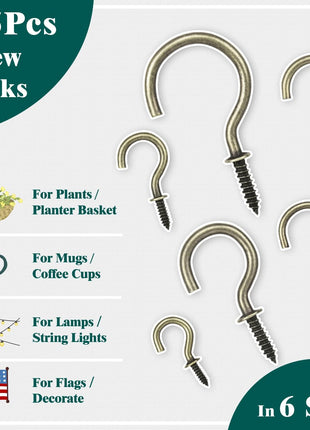 EIENHOSHI 105 Pcs Screw Hooks, 6 Sizes Bronze Cup Hooks, Screw Hooks for Hanging, Metal Cup Hooks Screw in (1/2", 5/8", 3/4", 7/8", 1'', 1-1/4")