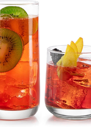 Libbey Ascent Tumbler & Rocks Drinking Glasses Set of 16, Clear Glass Cups | 16.25 oz & 12.25 oz Capacities Glasses for Water, Juice, Cocktails, and More with Curved Design and Dishwasher-Safe Care