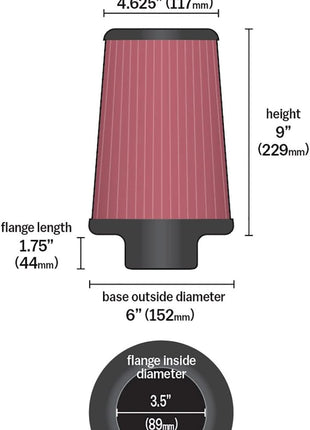 K&N High-Flow Original Lifetime Universal Clamp-On Air Filter: High Performance, Premium, Washable: Flange Diameter: 3.5 In, Filter Height: 9 In, Flange Length: 1.75 In, Shape: Round Tapered, RE-0920