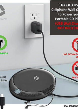 Deluxe Products CD Player Portable with 60 Second Anti Skip, Stereo Earbuds, Includes Aux in Cable and AC USB Power Cable for use at Home or in Car