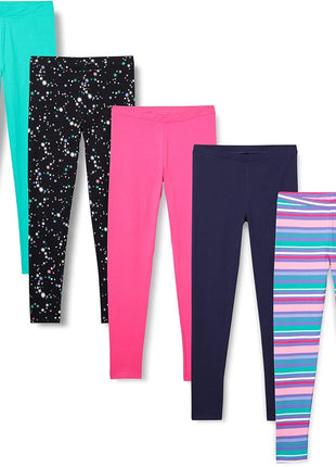 Amazon Essentials Girls' Leggings, Pack of 5, Aqua Green/Black Stars/Navy/Pink/Stripe, Medium