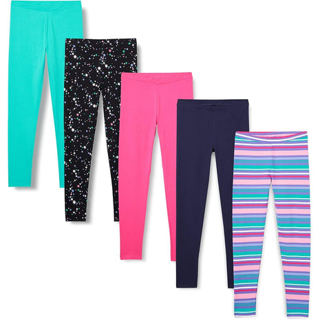 Amazon Essentials Girls' Leggings, Pack of 5, Aqua Green/Black Stars/Navy/Pink/Stripe, Medium