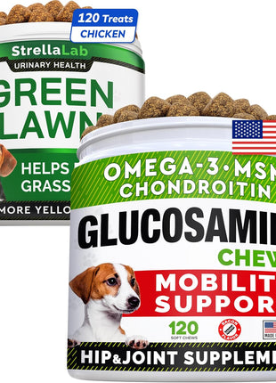 Glucosamine Treats + Grass Burn Spot Chews for Dogs Bundle - Joint Supplement w/Omega-3 Fish Oil + Dog Urine Neutralizer for Lawn - Chondroitin, MSM + DL-Methionine+Enzymes - 240 Chews - Made in USA