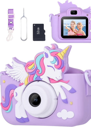 Unicorn Toys Camera for Kids Girls Age 3-8, Purple | Toddler Kids Digital Camera, Christmas Birthday Gifts for 3-8 Years Old Girl, 1080P HD Selfie Video Camera with 32GB SD Card