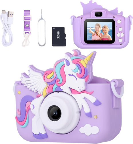 Unicorn Toys Camera for Kids Girls Age 3-8, Purple | Toddler Kids Digital Camera, Christmas Birthday Gifts for 3-8 Years Old Girl, 1080P HD Selfie Video Camera with 32GB SD Card