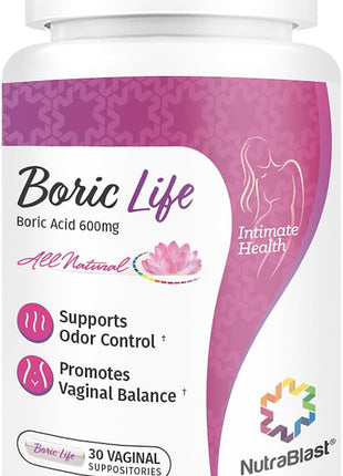NutraBlast Boric Life Boric Acid Suppositories for Women 600mg, 30 Count | Supports Odor Control, Intimate Health Support, 100% Pure, Vegetable Capsules, Made in USA