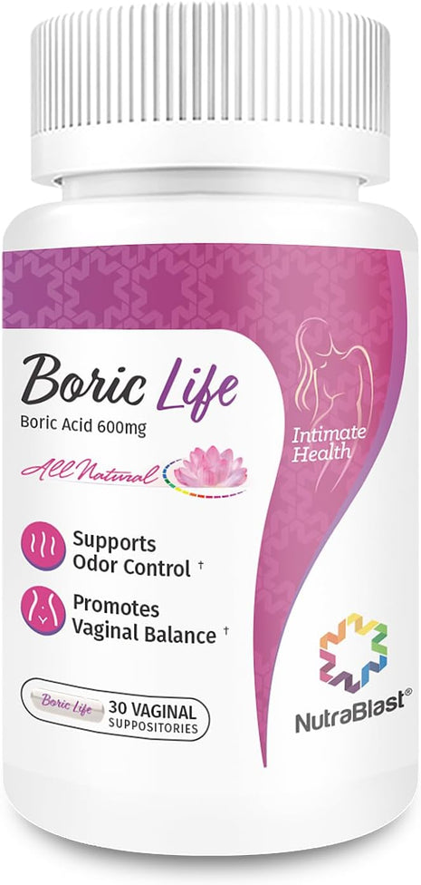 NutraBlast Boric Life Boric Acid Suppositories for Women 600mg, 30 Count | Supports Odor Control, Intimate Health Support, 100% Pure, Vegetable Capsules, Made in USA