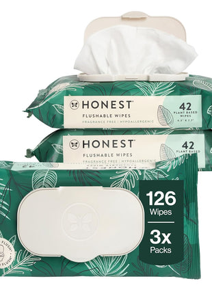 The Honest Company Hypoallergenic Flushable Wipes for Sensitive Skin, Tropical Leaves, 126 Count