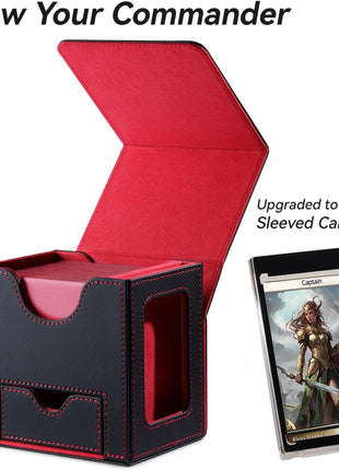 Card Deck Box for MTG Commander - Patented Design, Commander Display, Fits 100 Double-Sleeved Cards, 35pt Card Brick & Dice Tray - Black/Red