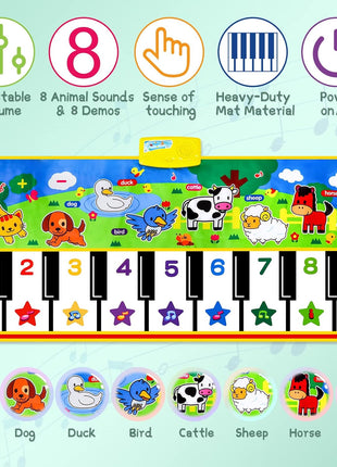 Floor Piano Mat,Musical Toys for Toddlers 1-3 Piano Keyboard Music Play Mat | 53'' x 23'' Piano Mat for Kids Dance Touch Mat, Electronic Piano Keyboard 8 Animal Sounds, Gifts for 3 4 5 Year Old Girls