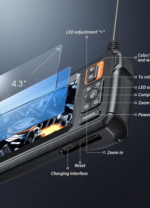 Endoscope Camera with Light, Inspection Borescope Camera with 4.3 inch IPS Screen, 1920P HD with 8 LED Lights, 16.5FT Semi-Rigid Cord Bore Scope, IP67 Waterproof Endoscope for Sewer, Tools(Orange)