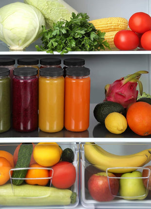 8 Pack 16OZ Glass Juice Bottles with 8 Airtight Lids & 2 Straw Lids & 2 Straws - Freezable Juice Container, Travel Juicing Jars, Drinking Water Cups - Reusable Tall Mason Jar for Tea, Juice, Smoothies