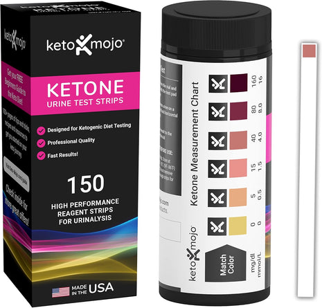 Keto-MOJO Ketone Urine Test Strips, 150ct, Keto & Low-Carb Diet | 150 strips · Extra-long for easy sampling · App + keto eBook included · Ketogenic low-carb fasting diets