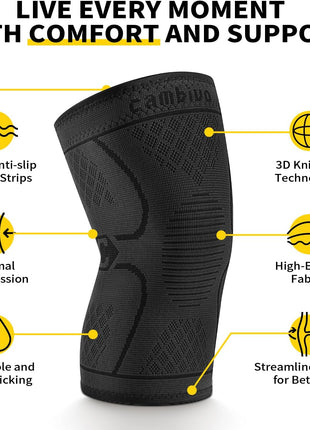 CAMBIVO 2 Pack Knee Braces for Women & Men, Knee Compression Sleeves for Knee Pain Relief, Knee Support with Non-Slip Silicone, Breathable, for Running, Workout, Weightlifting & Daily Use, Arthritis Support (Black, Medium)