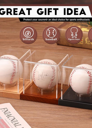 Baseball Display Case - Clear Cube Baseball Holder with Wooden Base, Autograph Stand Box for Single Ball, Acacia Wood, Brown, 1 Pack