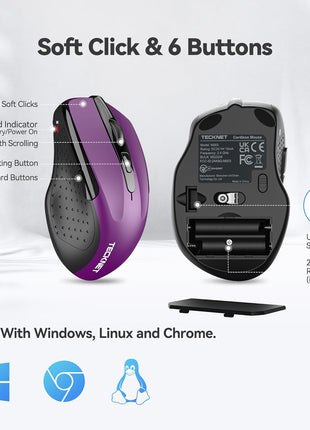 TECKNET Wireless Mouse, 2.4G Ergonomic Computer Mouse, 2600 DPI, Purple | Ergonomic Design with Side Grips, Adjustable DPI, 2-Year Battery, Compact Size, USB-A Plug & Play, Wide OS Compatibility