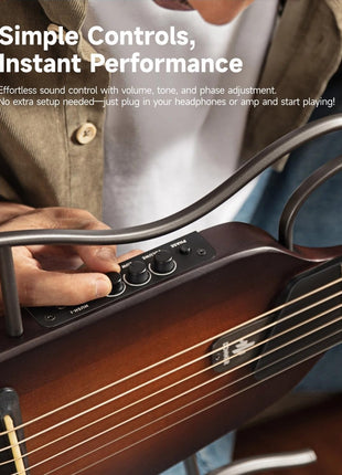 Donner HUSH I Guitar For Travel   Portable Ultra Light and Quiet Performance Headless Acoustic Electric Guitar, Mahogany Body with Removable Frames, Gig Bag, and Accessories Natural