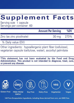 Pure Encapsulations Zinc 30 mg   Supplement for Immune System Support, Growth and Development, and Wound Healing*   with Zinc Picolinate 30 mg   60 Capsules