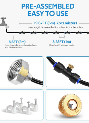 HOMENOTE Misting Cooling System, 26FT (8M) Misting Line + 7 Brass Mist Nozzles + Brass Adapter(3/4 inch) Outdoor Mister for Patio Backyard Garden Greenhouse