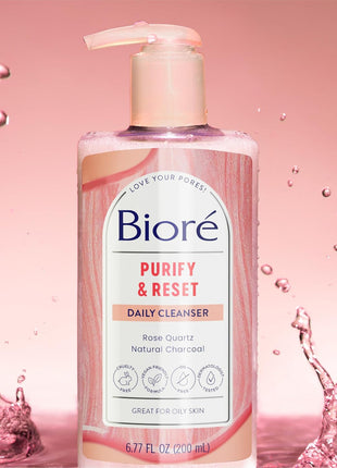 Biore Rose Quartz + Charcoal Daily Purifying Cleanser, Oil Free, 6.77 Oz | Dermatologist Tested, Cruelty Free, Removes Impurities, Energizes Complexion, Fresh Clean Feel