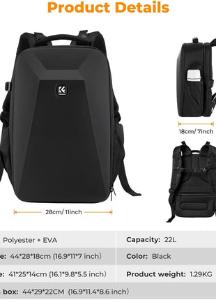 K&F Concept Camera Backpack,Hardshell Photography DSLR Camera Bag with 15-15.6 Inch Laptop Compartment Waterproof Hard Shell Camera Case Compatible for Canon/Nikon/Sony/DJI Mavic Drone