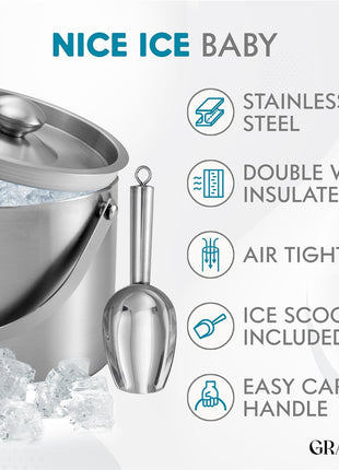 Ice Bucket (3 Liter) Stainless Steel Double Wall Insulated Ice Bucket with Lid & Scoop, Ice Buckets for Parties, Handle, Keeps Ice Cold for Hours, Great for Wine, Champagne, Cocktails (Silver)
