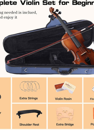 ADM 1/4 Size Wood Violin Set for Kids Teens Students Adults Beginner Acoustic Violin Matte Fiddle Starter Kit with Hard Case, Rosin, Shoulder Rest, Bow, Clip-on Tuner and Fingerboard Sticker